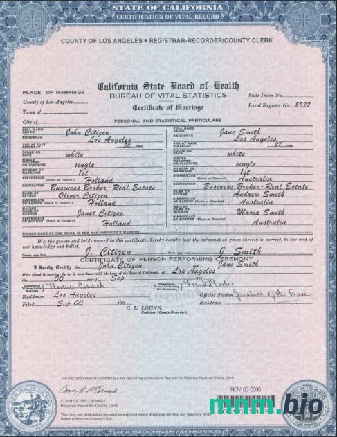 USA California Marriage Certificate szablon w formacie PSD